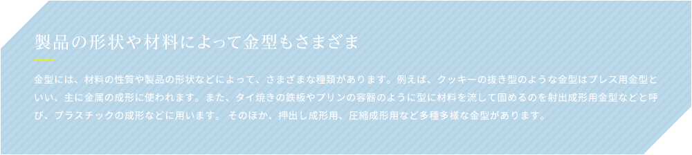 製品の形状や材料によって金型もさまざま 金型には、材料の性質や製品の形状などによって、さまざまな種類があります。例えば、クッキーの抜き型のような金型はプレス用金型といい、主に金属の成形に使われます。また、タイ焼きの鉄板やプリンの容器のように型に材料を流して固めるのを射出成形用金型などと呼び、プラスチックの成形などに用います。 そのほか、押出し成形用、圧縮成形用など多種多様な金型があります。